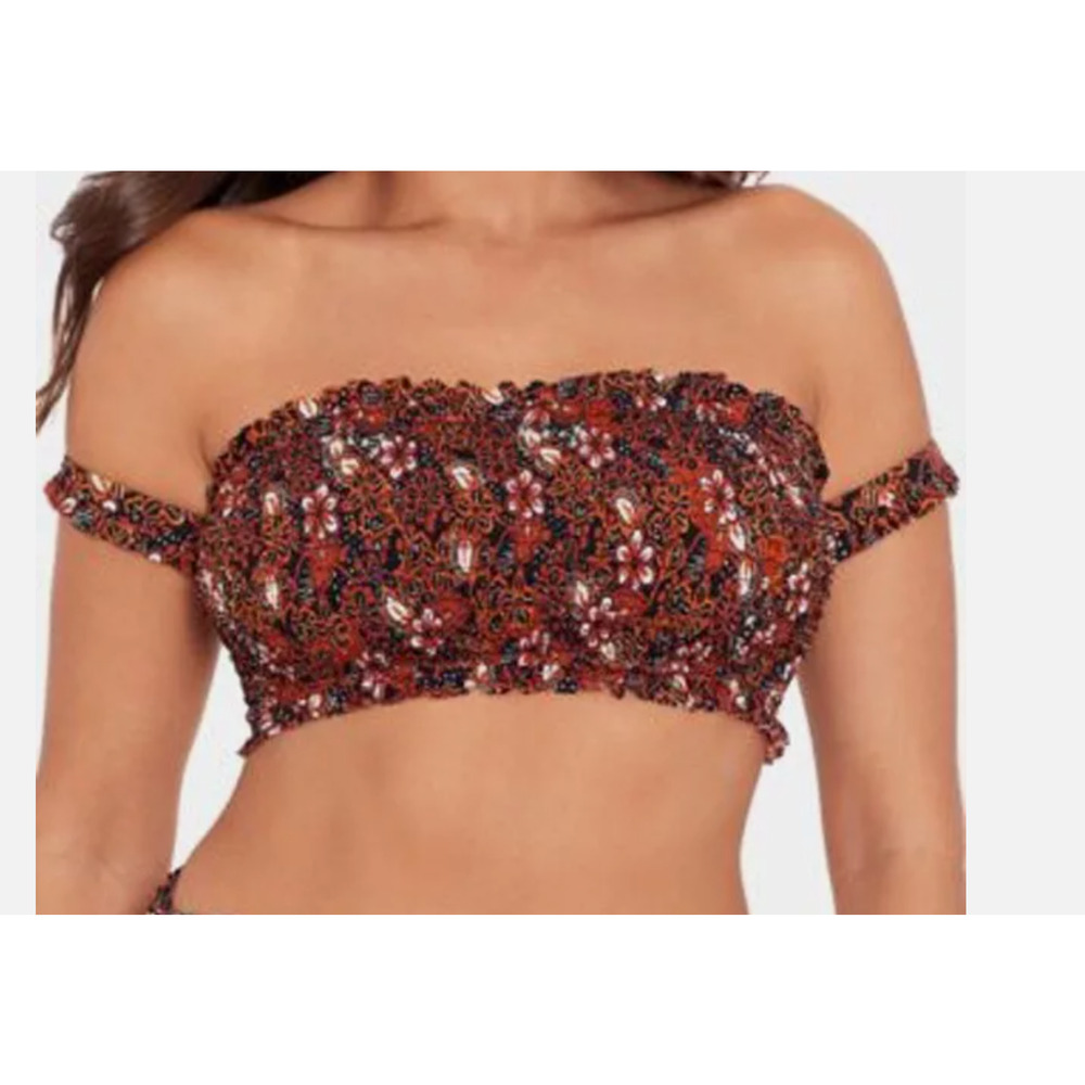 SKINNY DIPPERS Smocked Mae Bikini Top Size Medium Blk/Brn/Wht Floral 13672